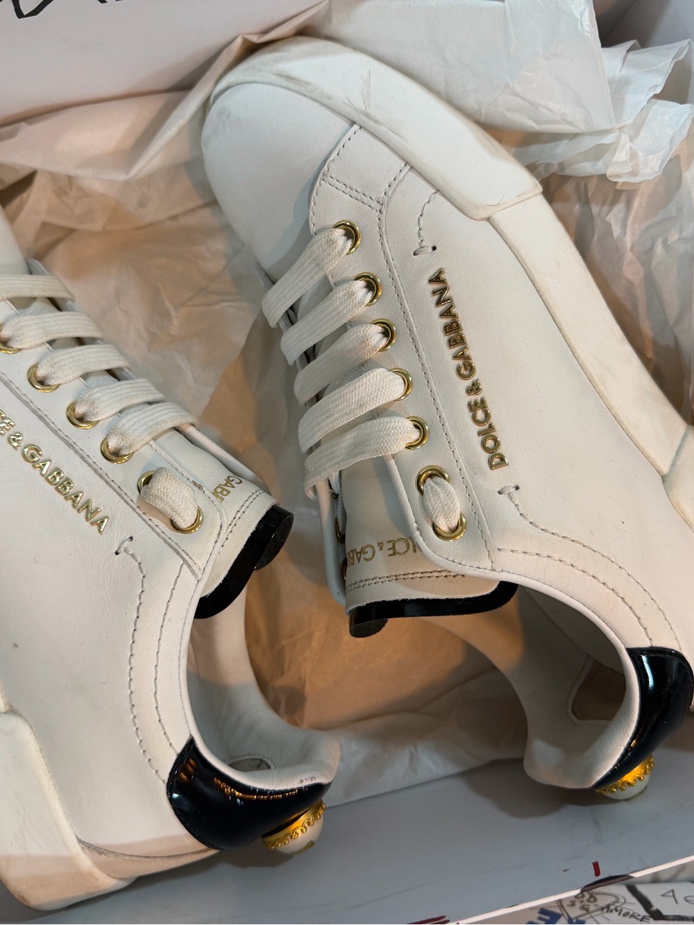 Dolce & Gabbana White Leather Sneakers with Black Heel Accent and Gold Hardware - Picture 7 of 7